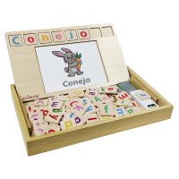 Escuela de vocabulario inglés-español hecha de madera Bio Toys