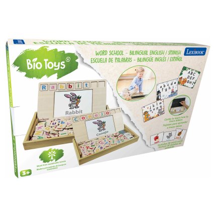 Escuela de vocabulario inglés-español hecha de madera Bio Toys