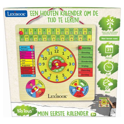 Houten kalender met klok in het Nederlands Bio Toys